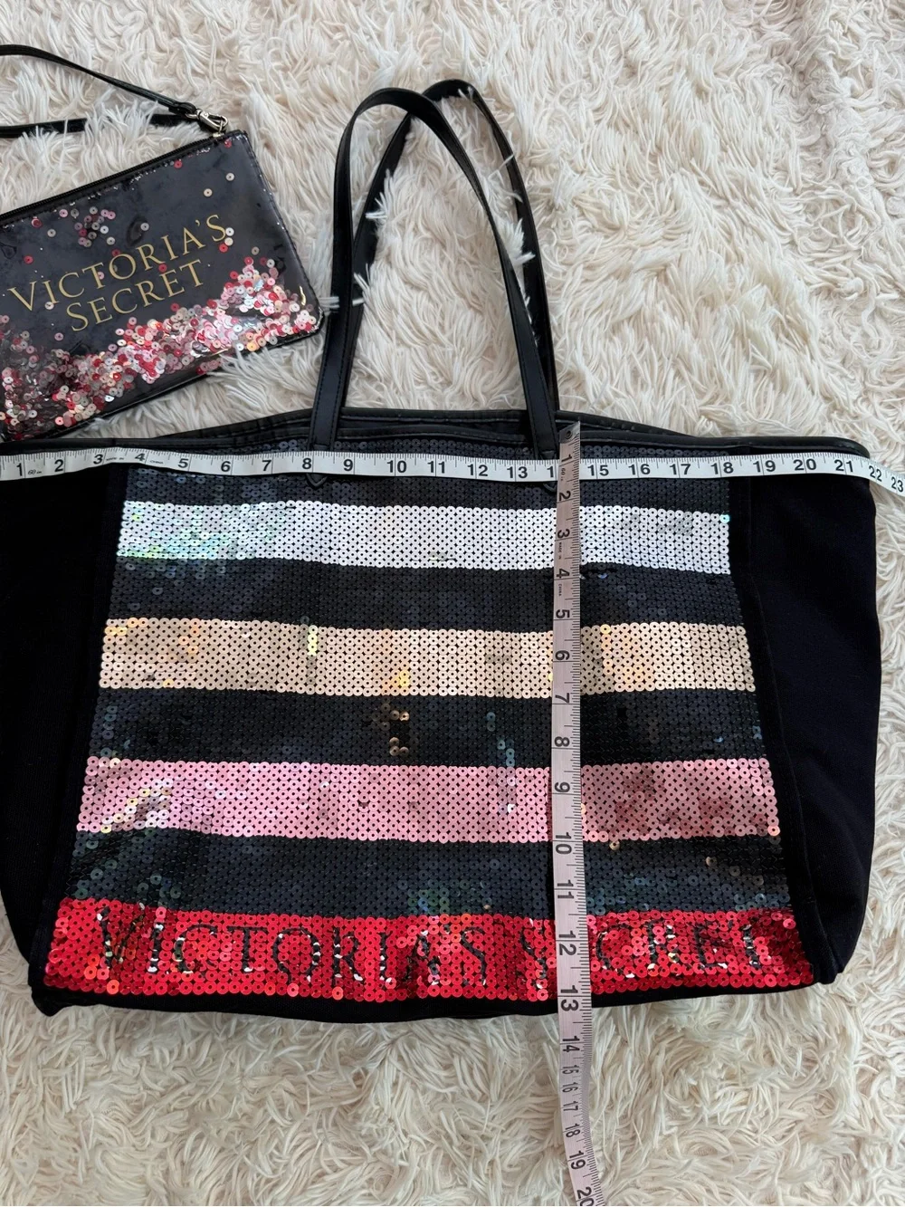 Victoria’s Secret Sequin Stripe Large Tote Bag + Wristlet Black Multicolor
